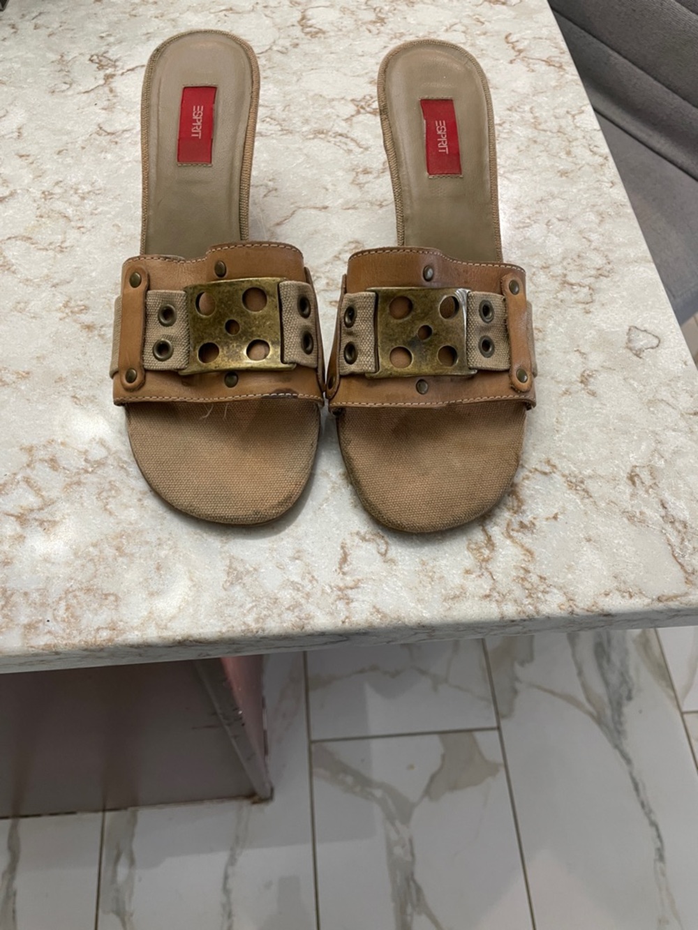 Esprit Brown and Gold Buckle Slide Mules